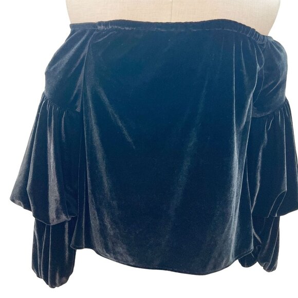 Petersyn Womens XS Black Velvet Long Balloon Sleeve Off Shoulder Top - Picture 4 of 8